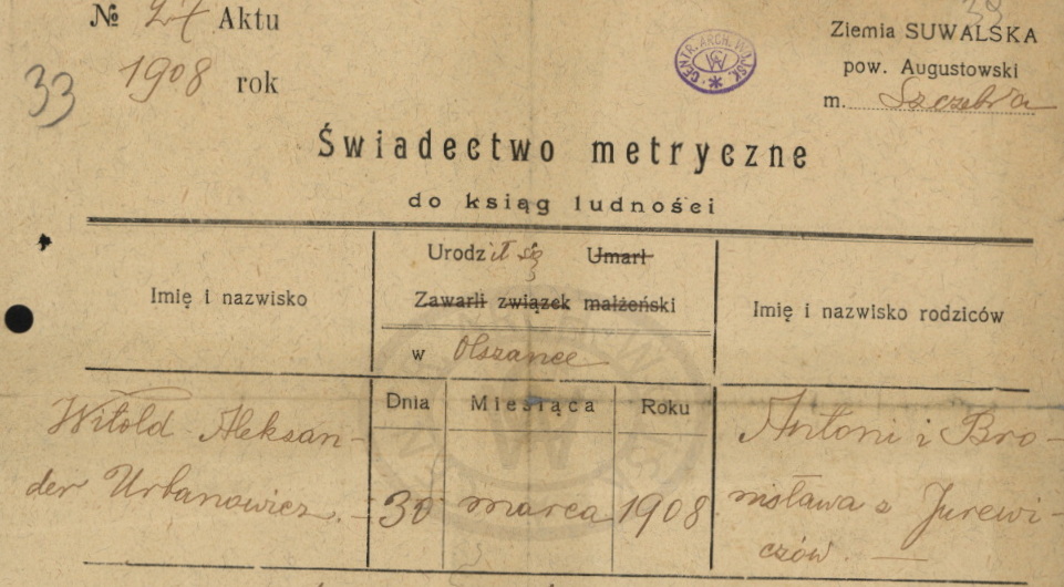 odpis akt urodzenia Witold Urbanowicz, Centralne Archiwum Wojskowe
