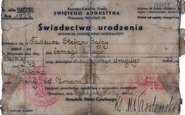 akt urodzenia (odpis) Tadeusz Gajcy